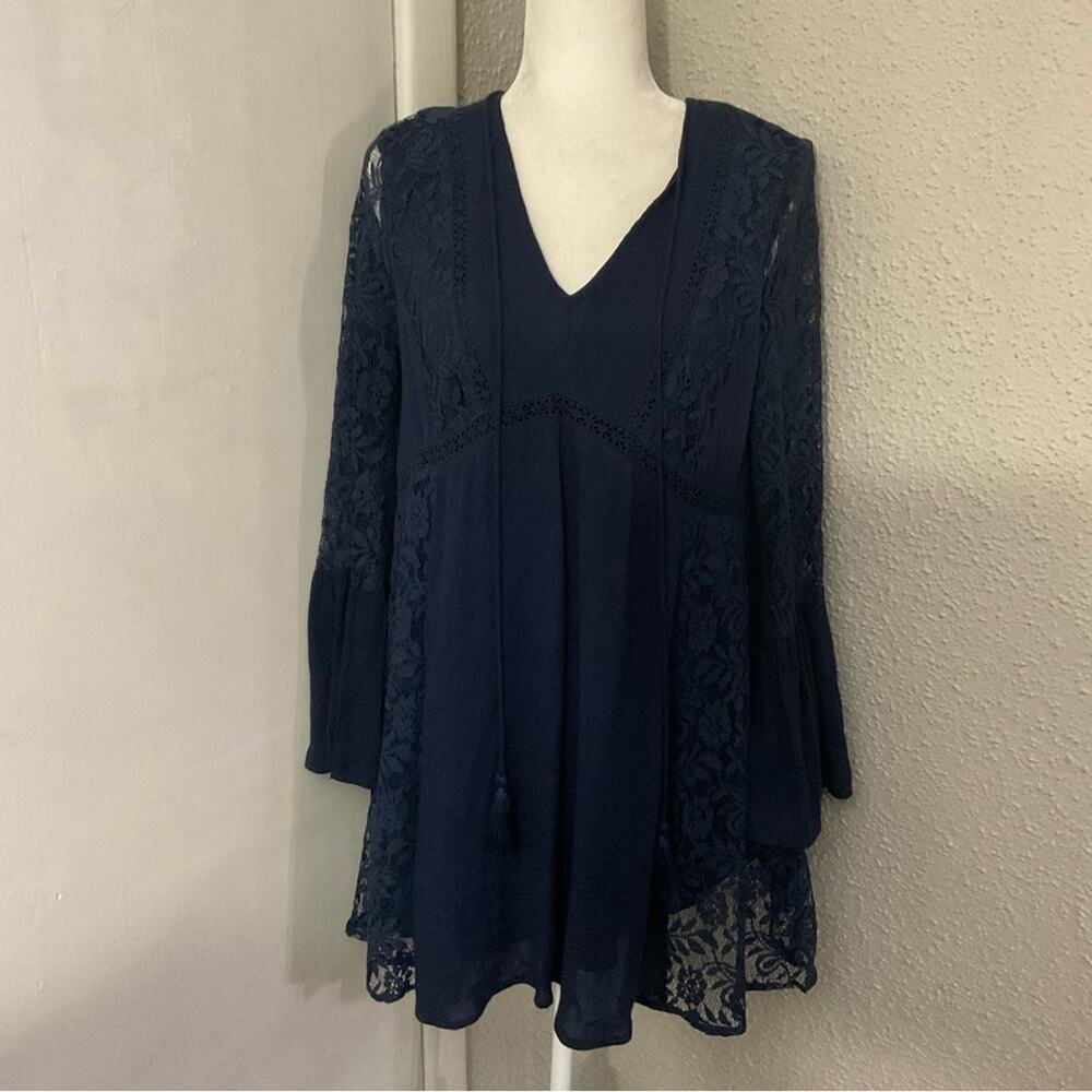 Entro Navy Blue Lace Boho Babydoll Lined V-Neck Dress S Cottagecore Tomatogirl
